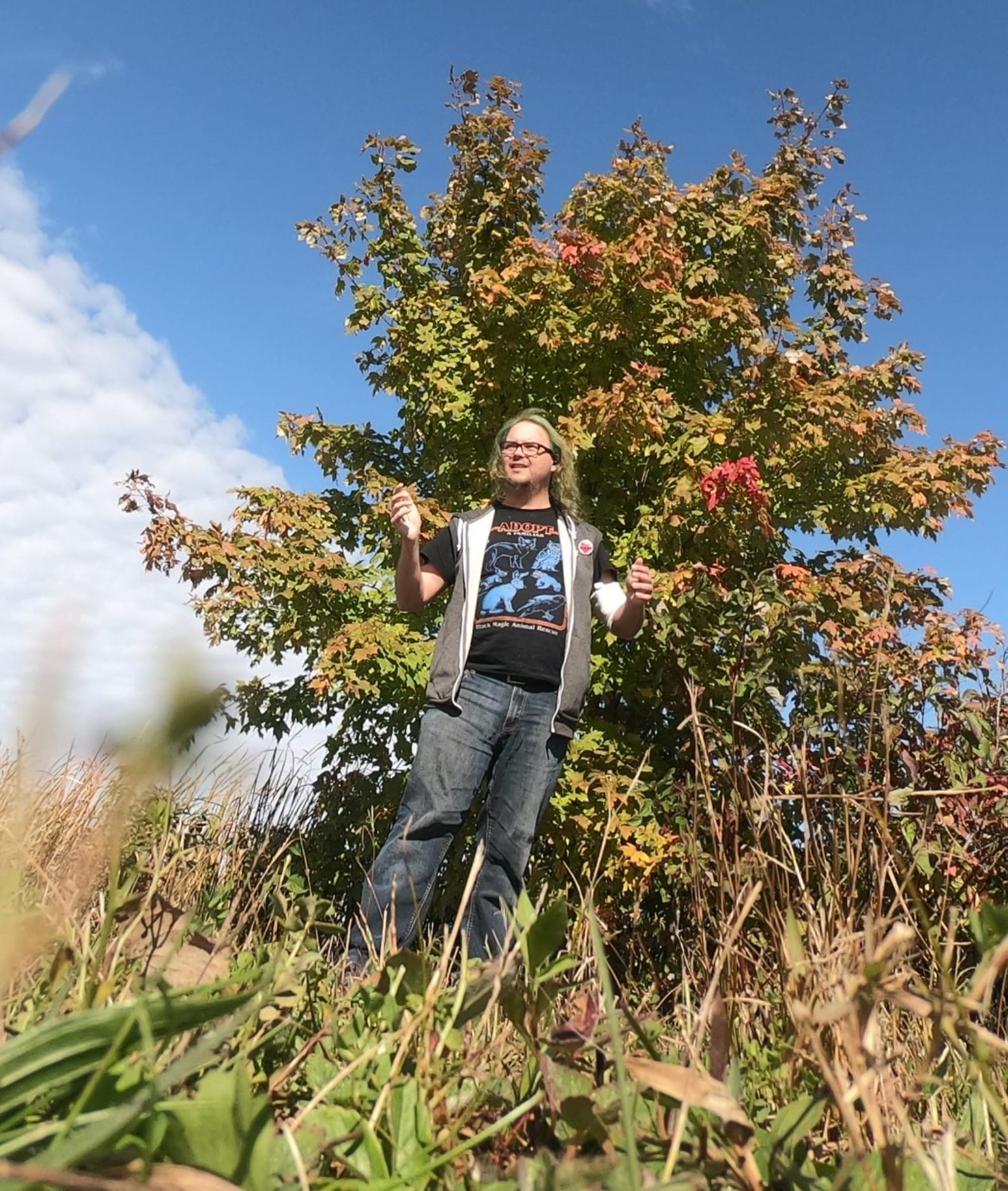 A man with long green hair stands in front of a tree